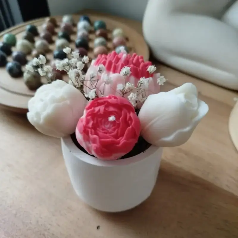 bougies florales rose, rouge dans pot en plâtre